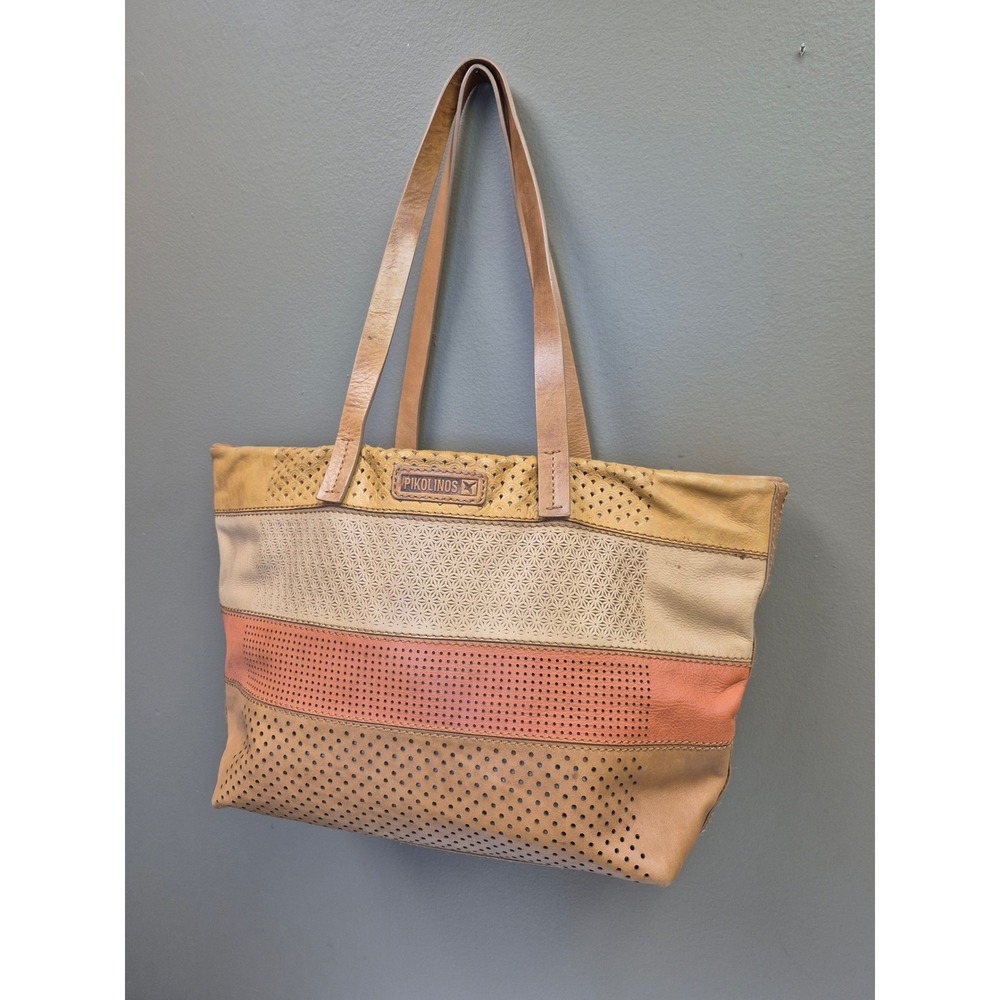 Pikolinos Leather Tote Bag Perforated Multi-Color Tan Beige Coral Boho Shoulder